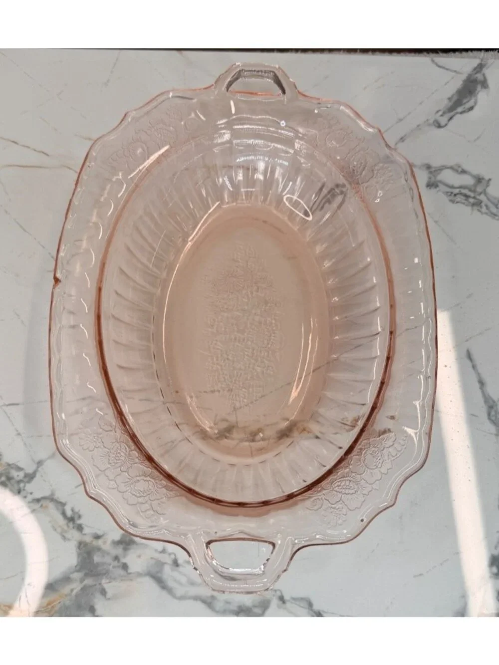 Vintage Anchor Hocking Mayfair Open Rose pink depression glass oval handled serv